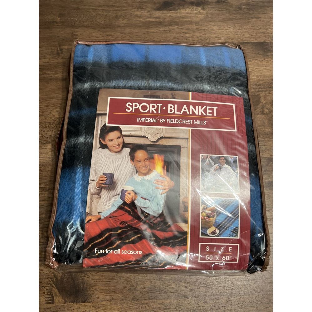 Vintage Sport Blanket Imperial Fieldcrest Mills Acrylic Blue Plaid 50x60 Lap NOS